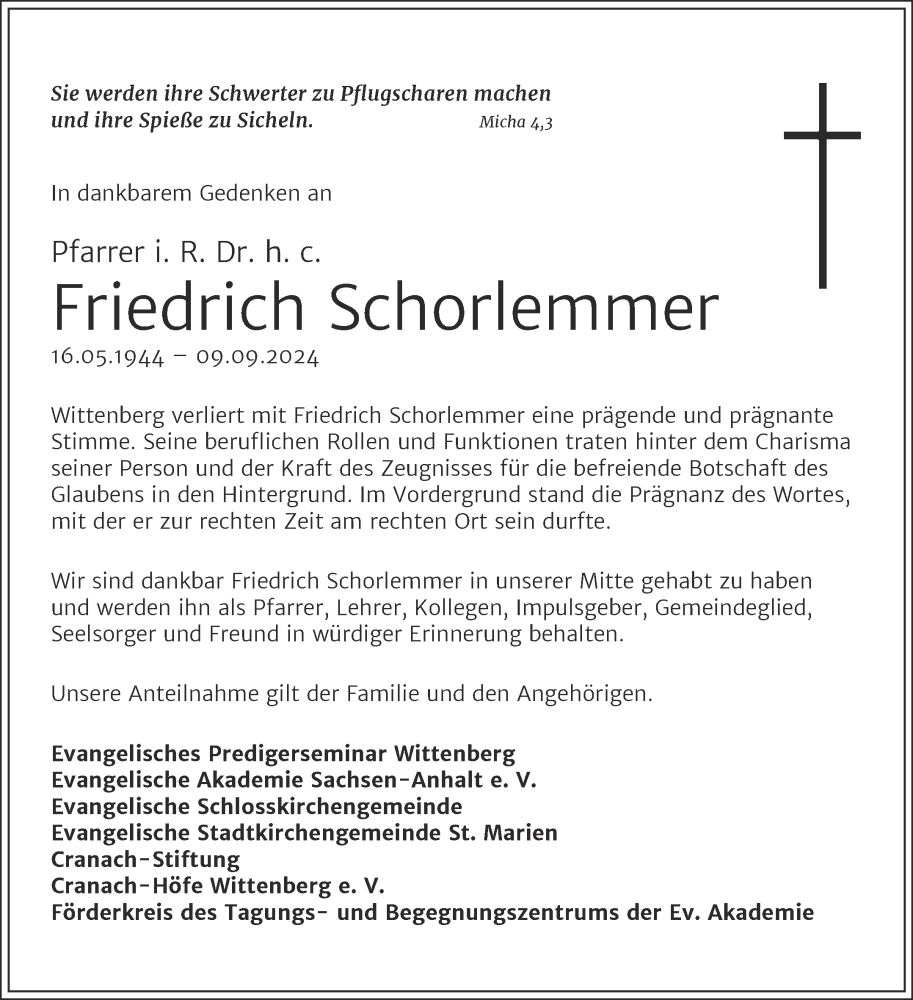  Traueranzeige für Friedrich Schorlemmer vom 14.09.2024 aus 