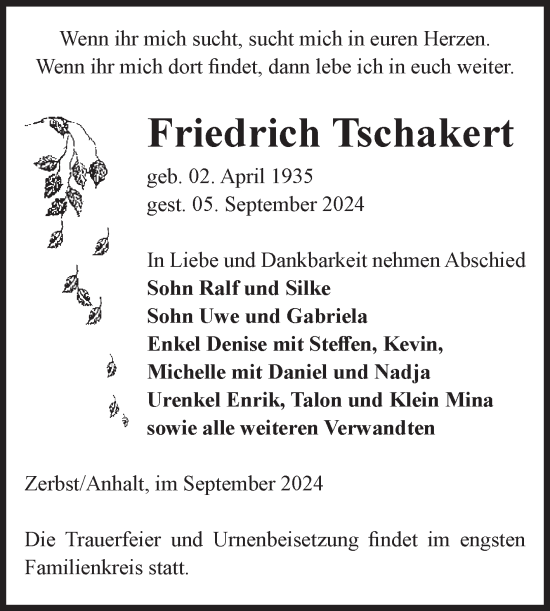 Traueranzeige von Friedrich Tschakert von Volksstimme Zerbst