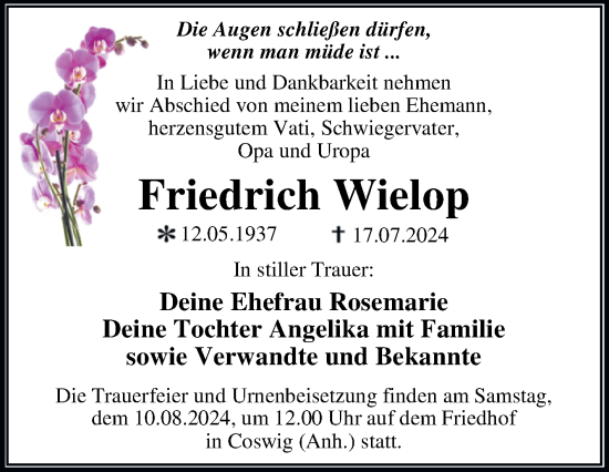 Traueranzeige von Friedrich Wielop von Trauerkombi Wittenberg