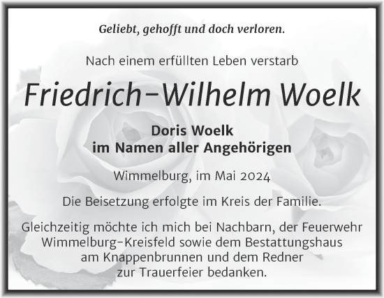 Traueranzeige von Friedrich-Wilhelm Woelk von Trauerkombi Mansfelder Land