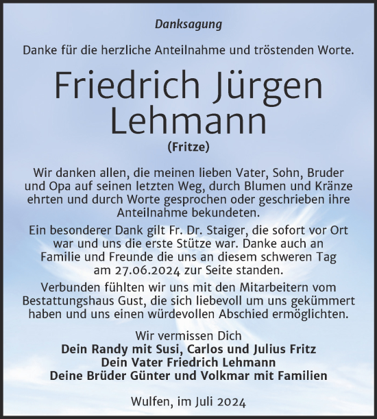 Traueranzeige von Friedrich Jürgen Lehmann von Trauerkombi Köthen