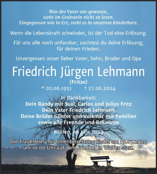 Traueranzeige von Friedrich Jürgen Lehmann von Trauerkombi Köthen