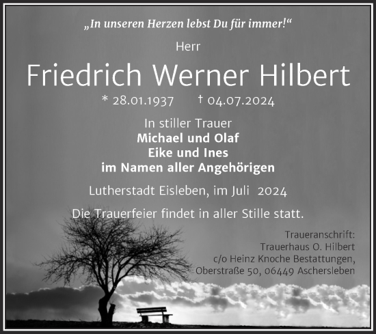 Traueranzeige von Friedrich Werner Hilbert von Trauerkombi Mansfelder Land