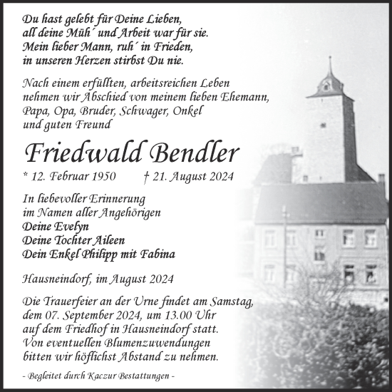 Traueranzeige von Friedwald Bendler von Trauerkombi Quedlinburg