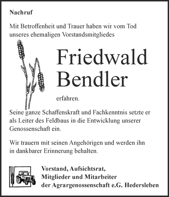 Traueranzeige von Friedwald Bendler von Super Sonntag Quedlingburg
