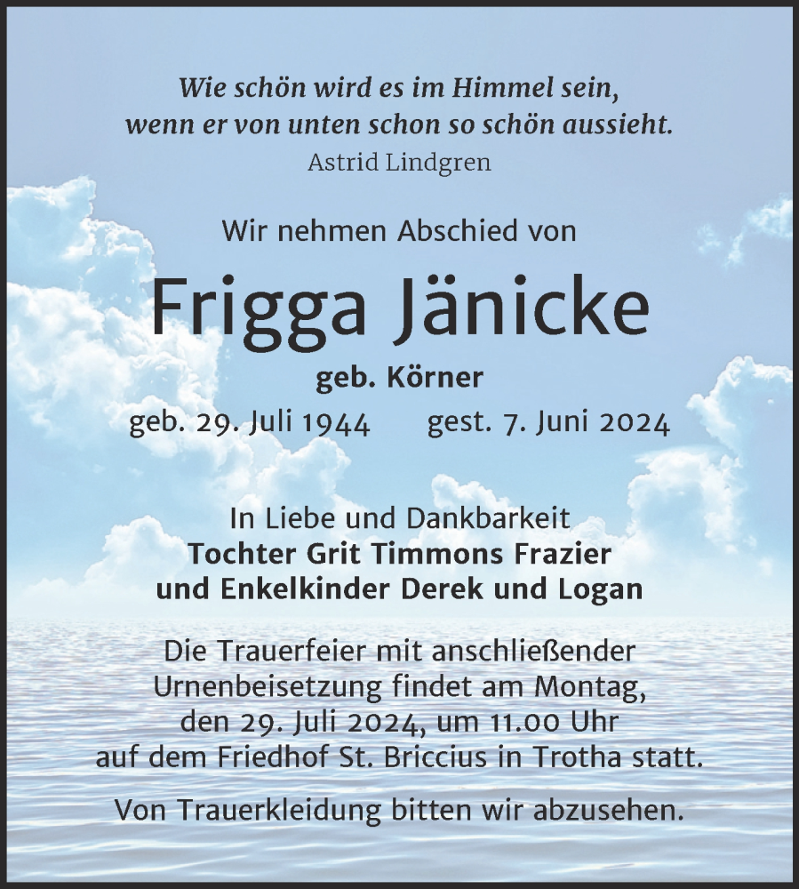  Traueranzeige für Frigga Jänicke vom 22.06.2024 aus Mitteldeutsche Zeitung Halle/Saalkreis