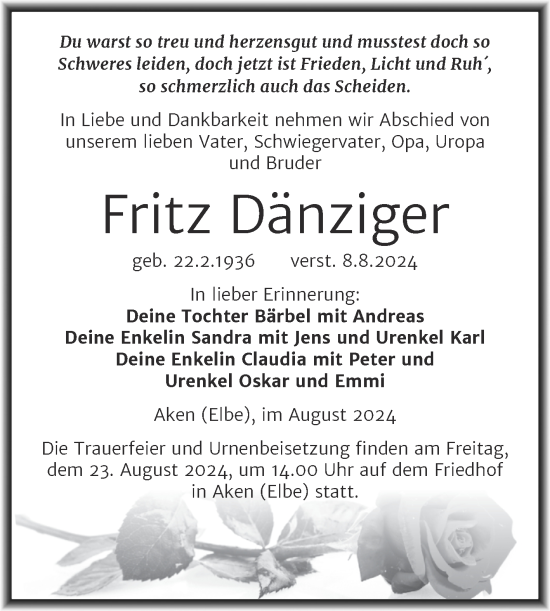 Traueranzeige von Fritz Dänziger von Trauerkombi Köthen