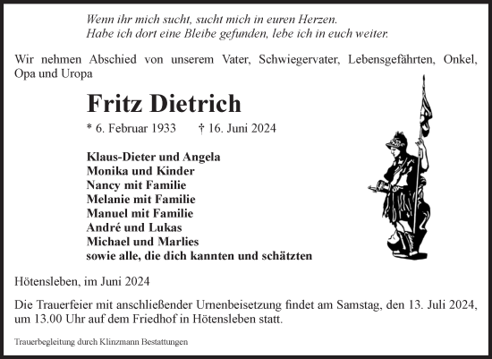 Traueranzeige von Fritz Dietrich von Volksstimme Oschersleben/Wanzleben
