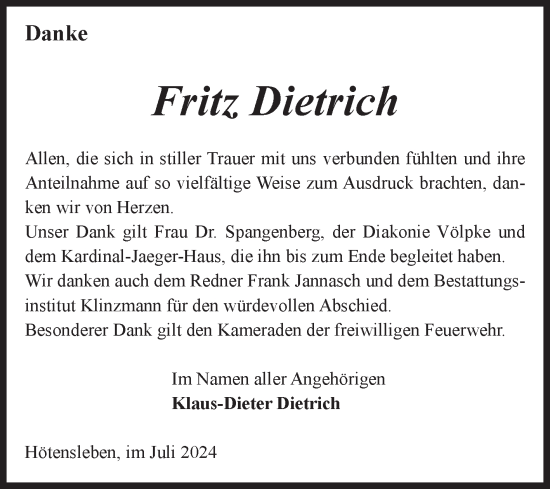 Traueranzeige von Fritz Dietrich von Volksstimme Oschersleben/Wanzleben