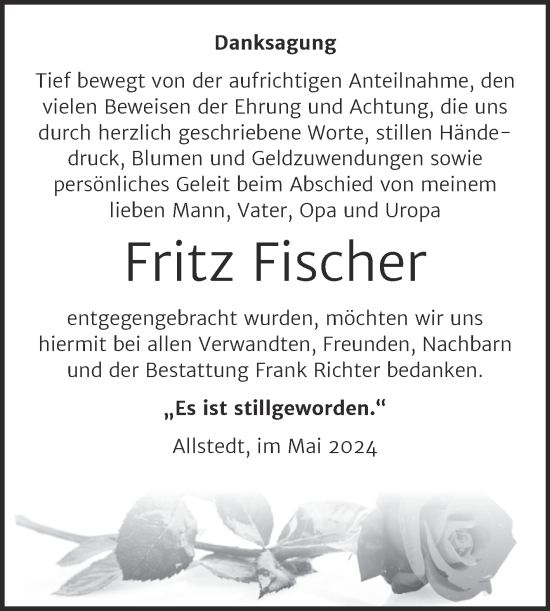 Traueranzeige von Fritz Fischer von Trauerkombi Sangerhausen