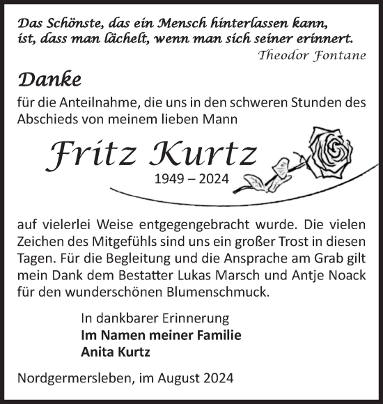 Traueranzeige von Fritz Kurtz von Volksstimme Haldensleben/Wolmirstedt