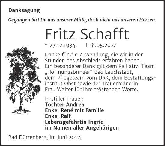 Traueranzeige von Fritz Schafft von Trauerkombi Merseburg