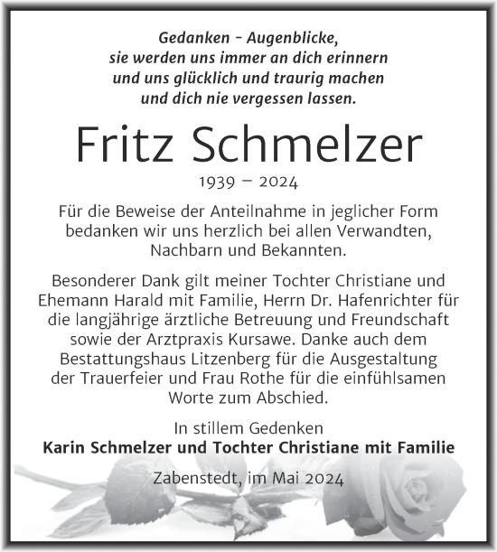 Traueranzeige von Fritz Schmelzer von Trauerkombi Mansfelder Land