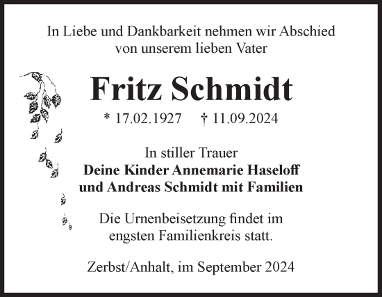 Traueranzeige von Fritz Schmidt von Volksstimme Zerbst