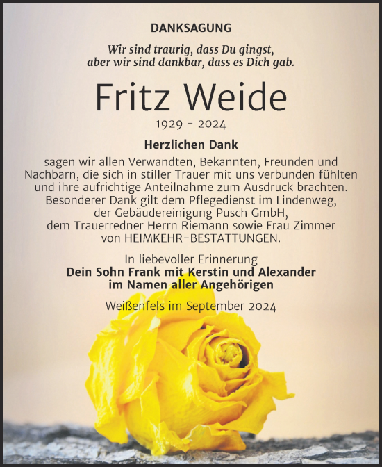 Traueranzeige von Fritz Weide von Trauerkombi Weißenfels