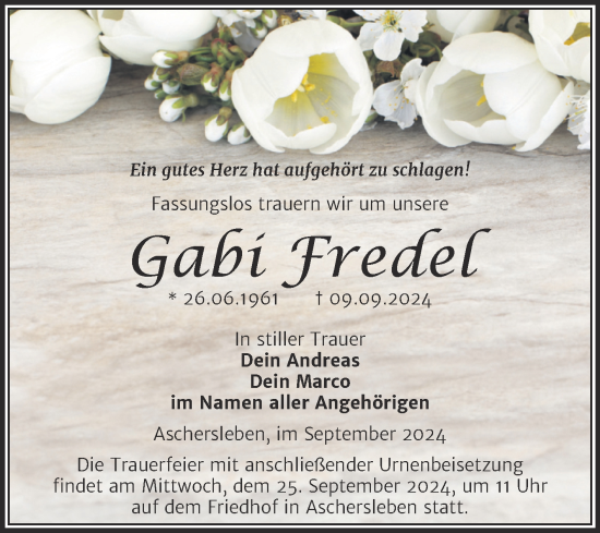 Traueranzeige von Gabi Fredel von Trauerkombi Aschersleben