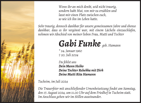 Traueranzeige von Gabi Funke von Volksstimme Burg/Genthin