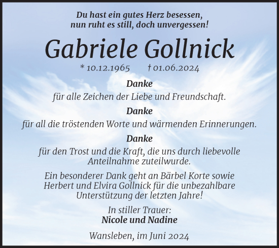 Traueranzeige von Gabriele Gollnick von Trauerkombi Mansfelder Land