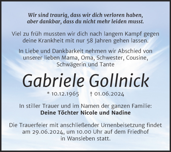 Traueranzeige von Gabriele Gollnick von Trauerkombi Mansfelder Land