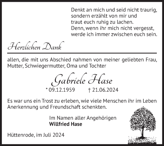 Traueranzeige von Gabriele Hase von Volksstimme Wernigerode