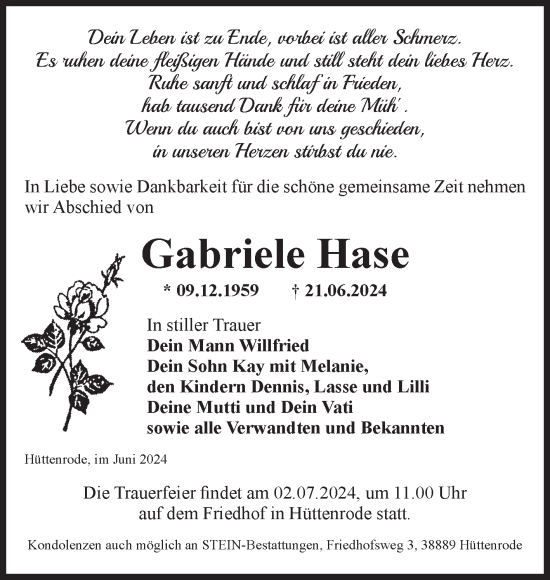 Traueranzeige von Gabriele Hase von Volksstimme Wernigerode