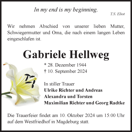 Traueranzeige von Gabriele Hellweg von Volksstimme Wernigerode