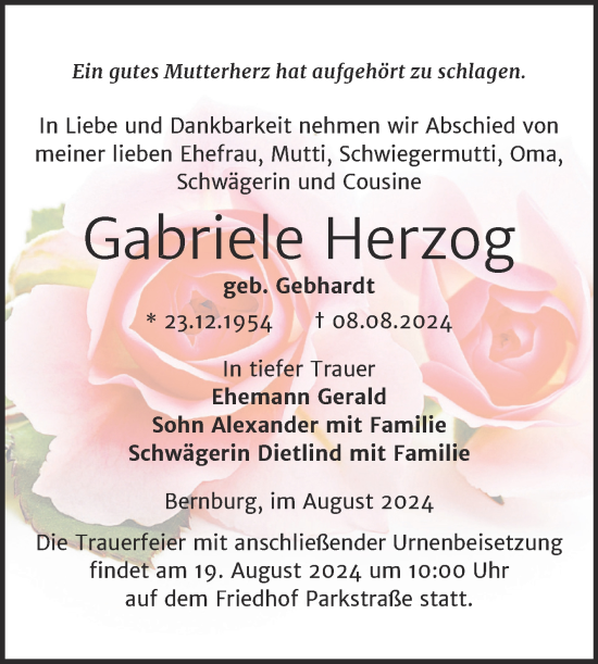 Traueranzeige von Gabriele Herzog von Trauerkombi Bernburg