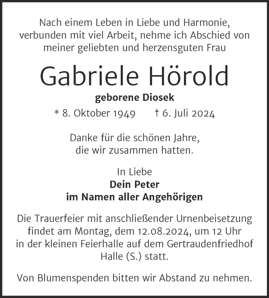 Traueranzeige von Gabriele Hörold von Mitteldeutsche Zeitung Halle/Saalkreis