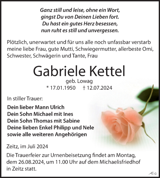 Traueranzeige von Gabriele Kettel von Trauerkombi Zeitz