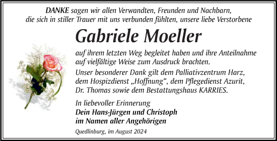 Traueranzeige von Gabriele Moeller von Trauerkombi Quedlinburg
