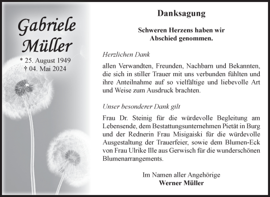 Traueranzeige von Gabriele Müller von Volksstimme Burg/Genthin