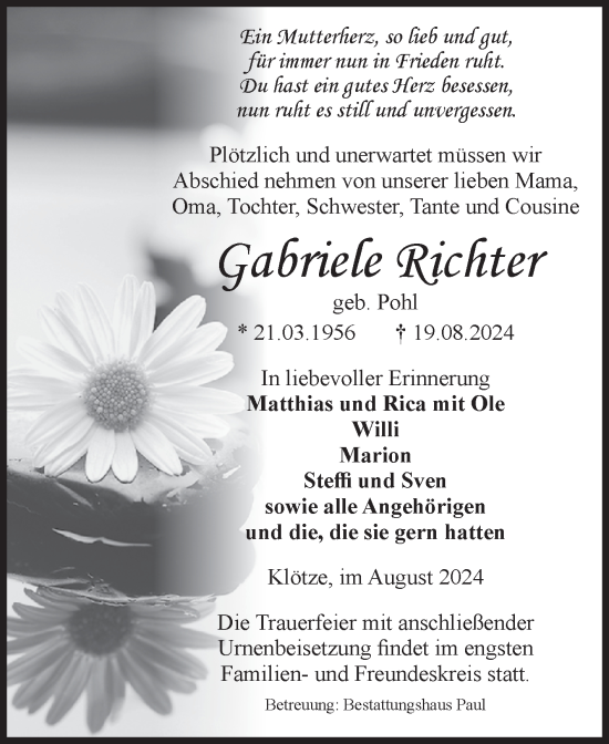 Traueranzeige von Gabriele Richter von Volksstimme Altmark West