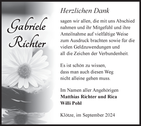 Traueranzeige von Gabriele Richter von Volksstimme Altmark West