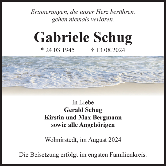 Traueranzeige von Gabriele Schug von Volksstimme Haldensleben/Wolmirstedt