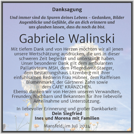 Traueranzeige von Gabriele Walinski von Trauerkombi Mansfelder Land