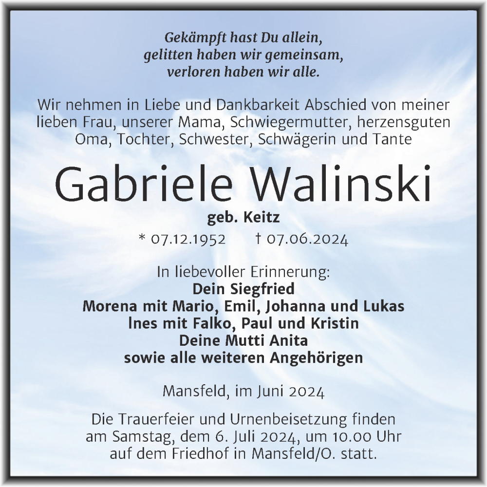  Traueranzeige für Gabriele Walinski vom 15.06.2024 aus Trauerkombi Mansfelder Land
