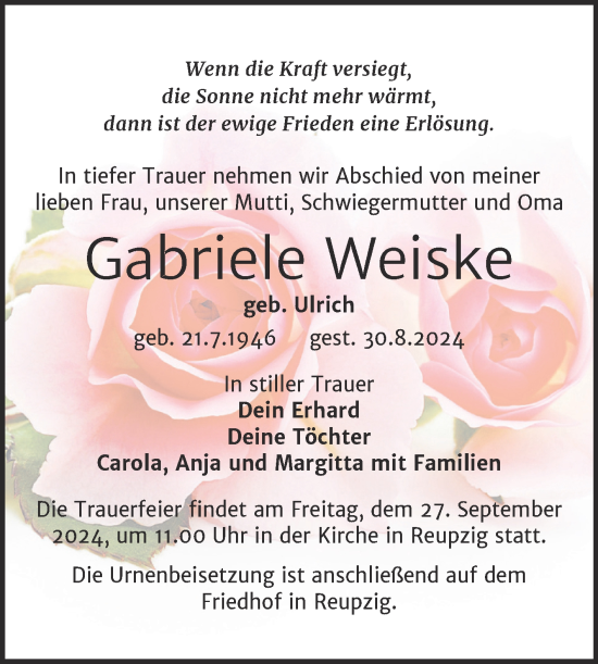 Traueranzeige von Gabriele Weiske von Trauerkombi Köthen