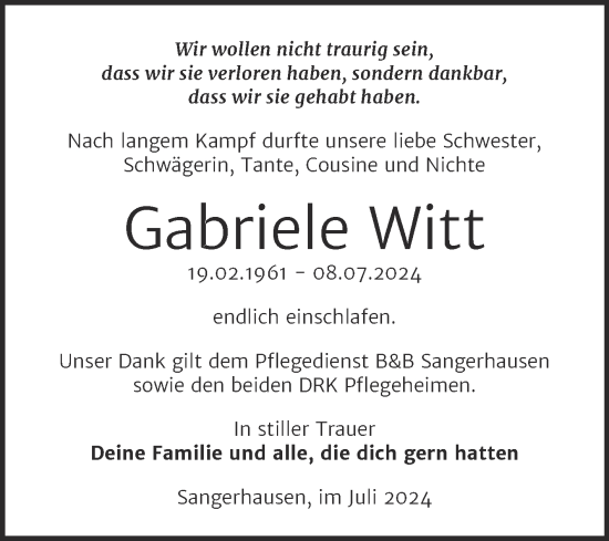 Traueranzeige von Gabriele Witt von Trauerkombi Sangerhausen