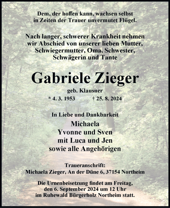 Traueranzeige von Gabriele Zieger von Mitteldeutsche Zeitung Sangerhausen