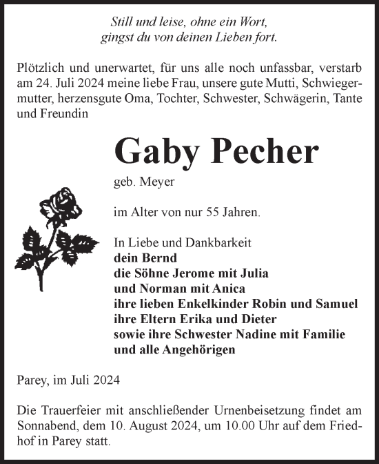Traueranzeige von Gaby Pecher von Volksstimme Burg/Genthin