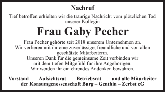 Traueranzeige von Gaby Pecher von Volksstimme Burg/Genthin