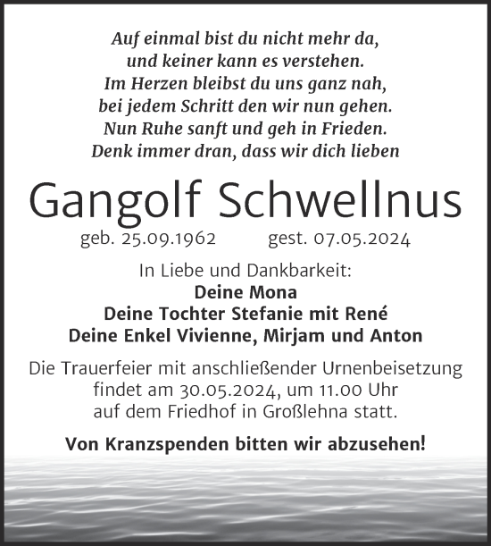 Traueranzeige von Gangolf Schwellnus von Trauerkombi Merseburg