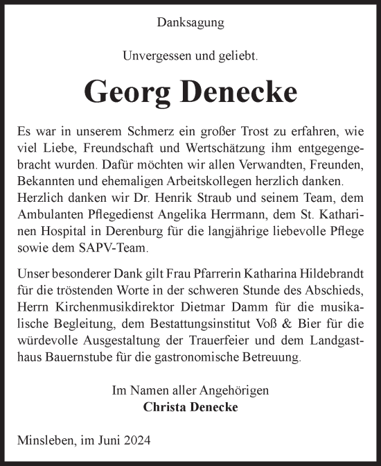 Traueranzeige von Georg Denecke von Volksstimme Wernigerode