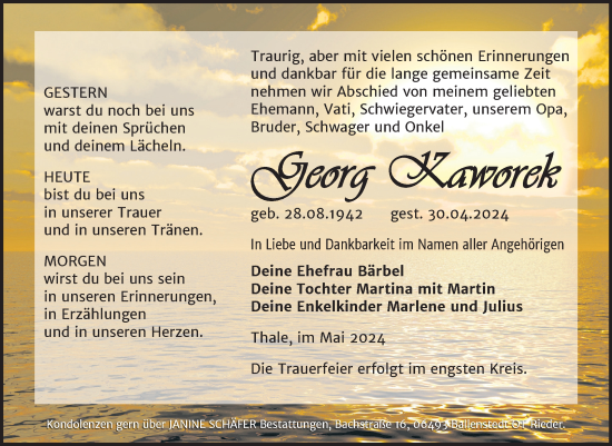 Traueranzeige von Georg Kaworek von Trauerkombi Quedlinburg