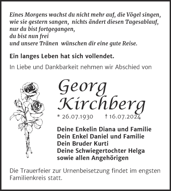 Traueranzeige von Georg Kirchberg von Trauerkombi Mansfelder Land