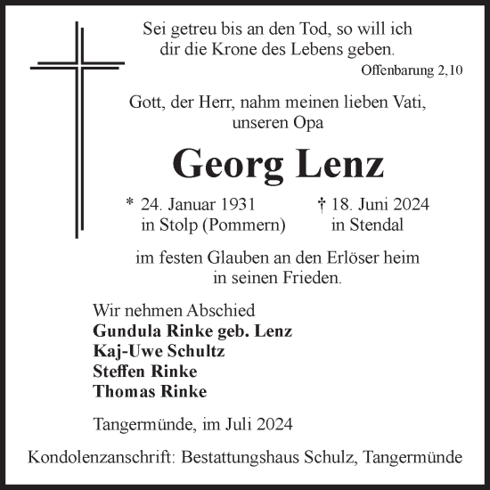 Traueranzeige von Georg Lenz von Volksstimme Altmark Ost
