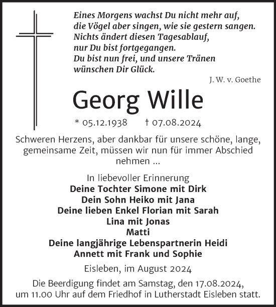 Traueranzeige von Georg Wille von Trauerkombi Mansfelder Land
