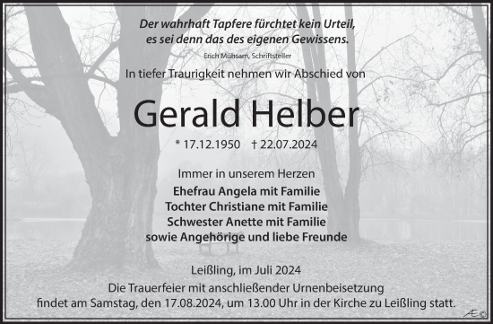 Traueranzeige von Gerald Helber von Trauerkombi Weißenfels
