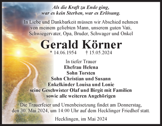 Traueranzeige von Gerald Körner von Volksstimme Staßfurt