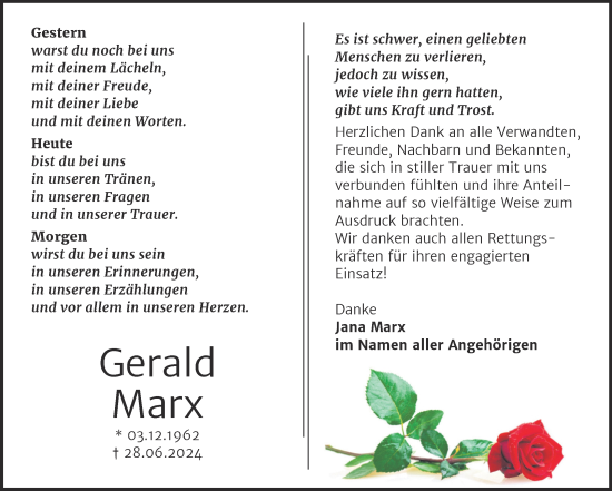 Traueranzeige von Gerald Marx von Trauerkombi Mansfelder Land